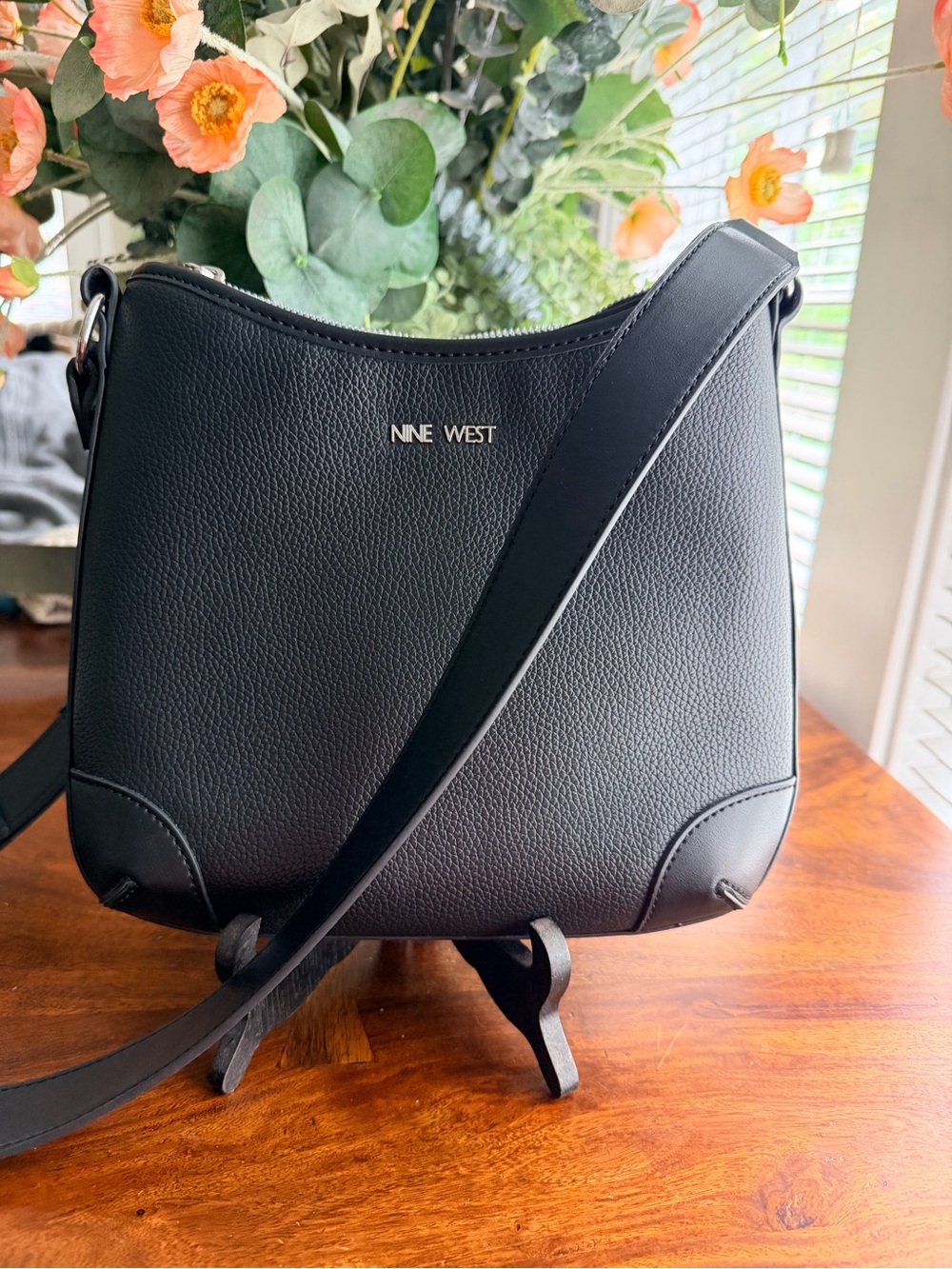Nine West Kylene Black Pebbled Faux Leather Swingpack Crossbody Bag